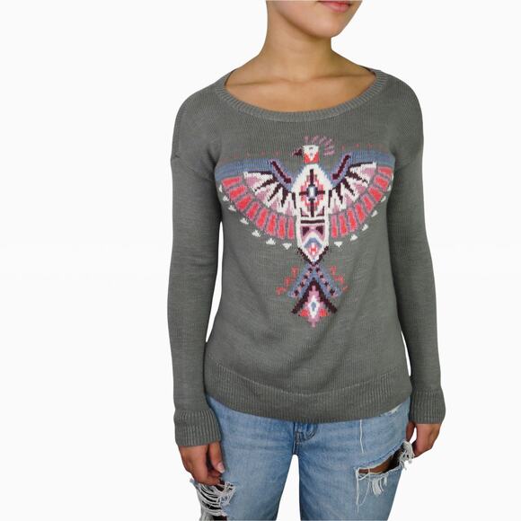 Y2k Hollister Gray Crew Neck Tribal Eagle Sweater Knit Crewneck XS - Picture 1 of 6